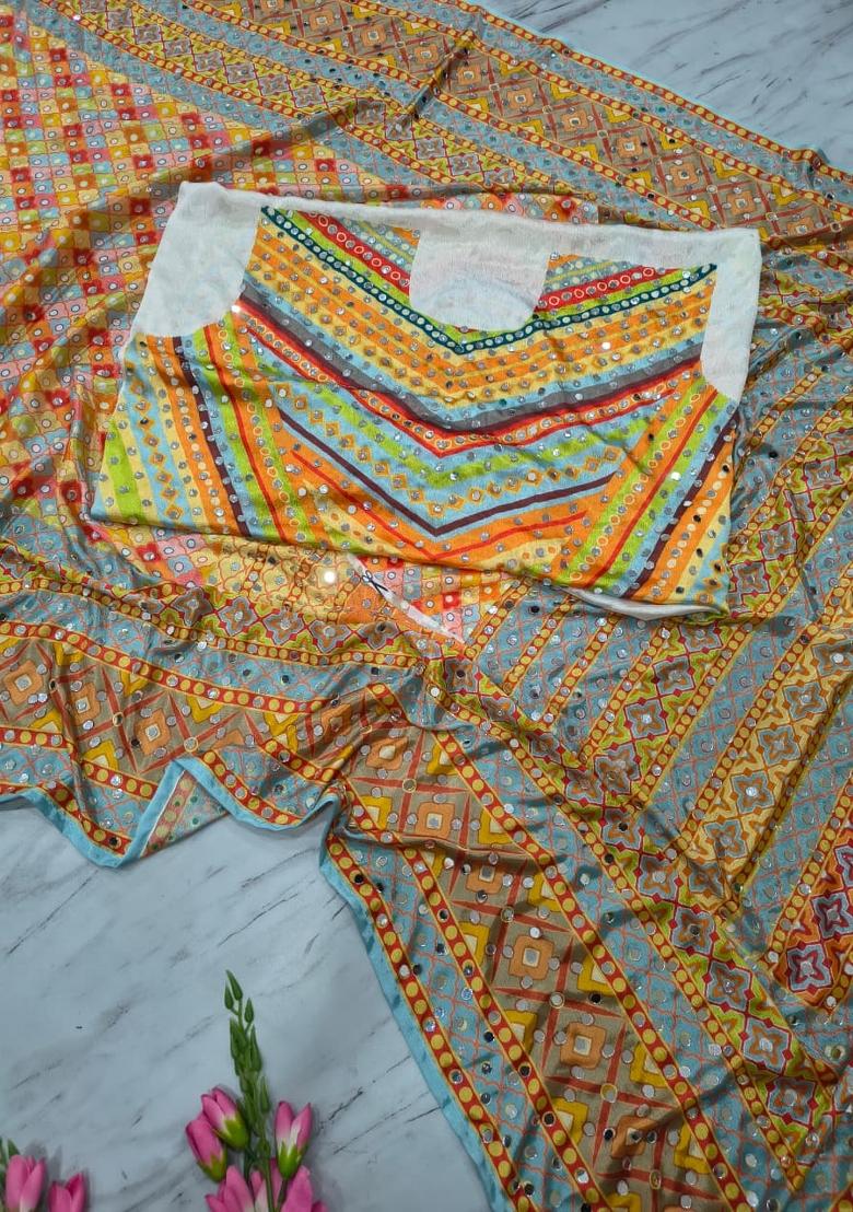 Orange Printed Silk Saree Set - Indya