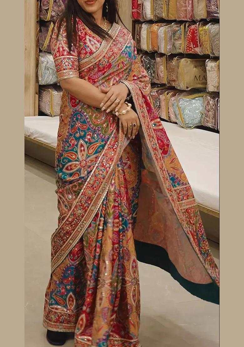 Multicolor Printed Silk Saree Set - Indya