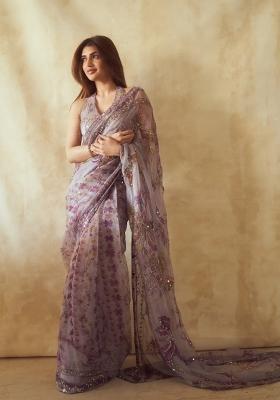 Purple Printed Silk Saree Set
