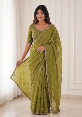 Mehendi Satin Saree Set with Embroidered for Diwali | Wedding & Festive Wear