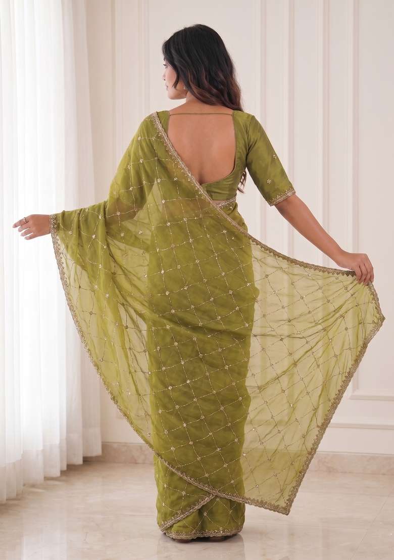 Mehendi Satin Saree Set with Embroidered for Diwali | Wedding & Festive Wear - Indya