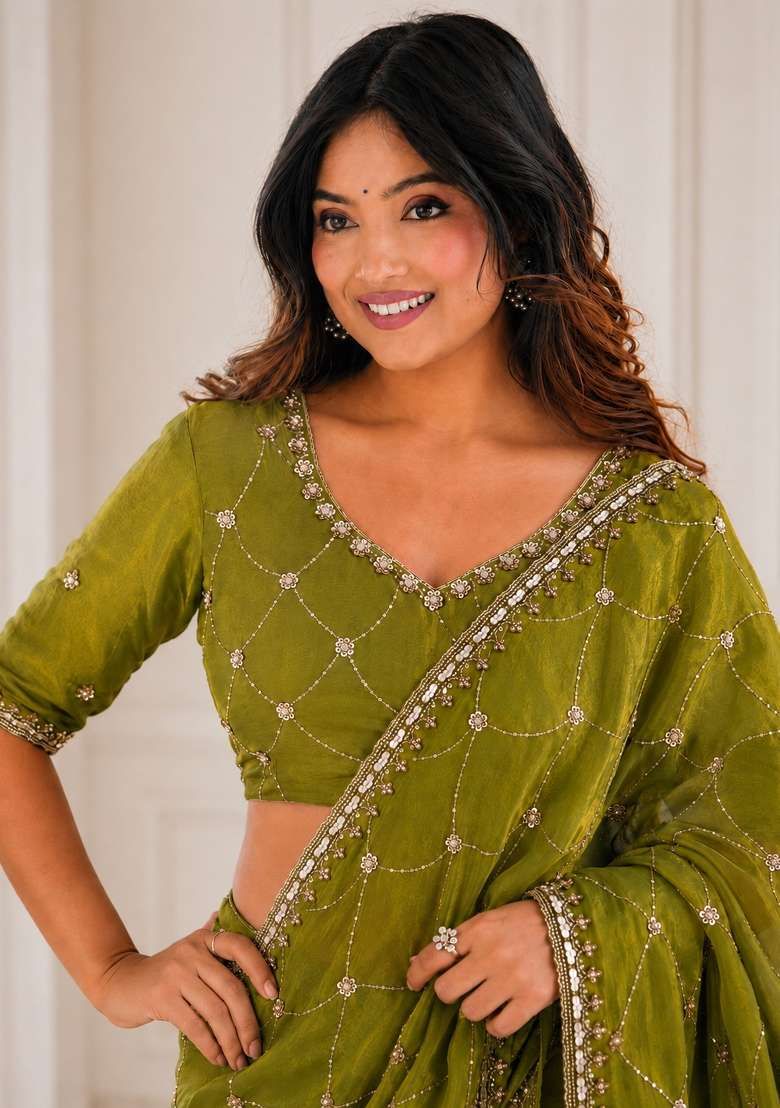 Mehendi Satin Saree Set with Embroidered for Diwali | Wedding & Festive Wear - Indya