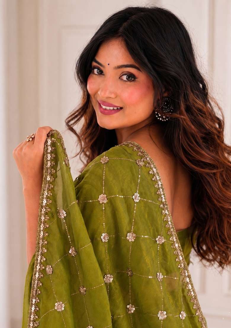 Mehendi Satin Saree Set with Embroidered for Diwali | Wedding & Festive Wear - Indya