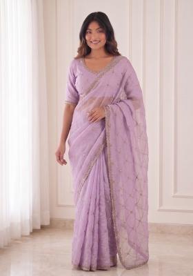 Purple Embroidered Satin Saree Set