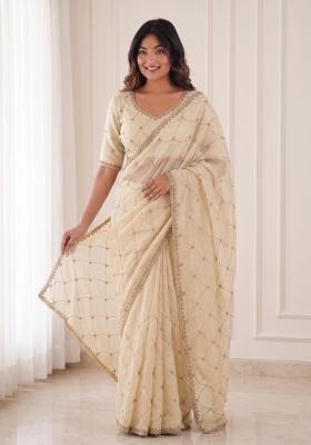 Off White Embroidered Satin Saree Set