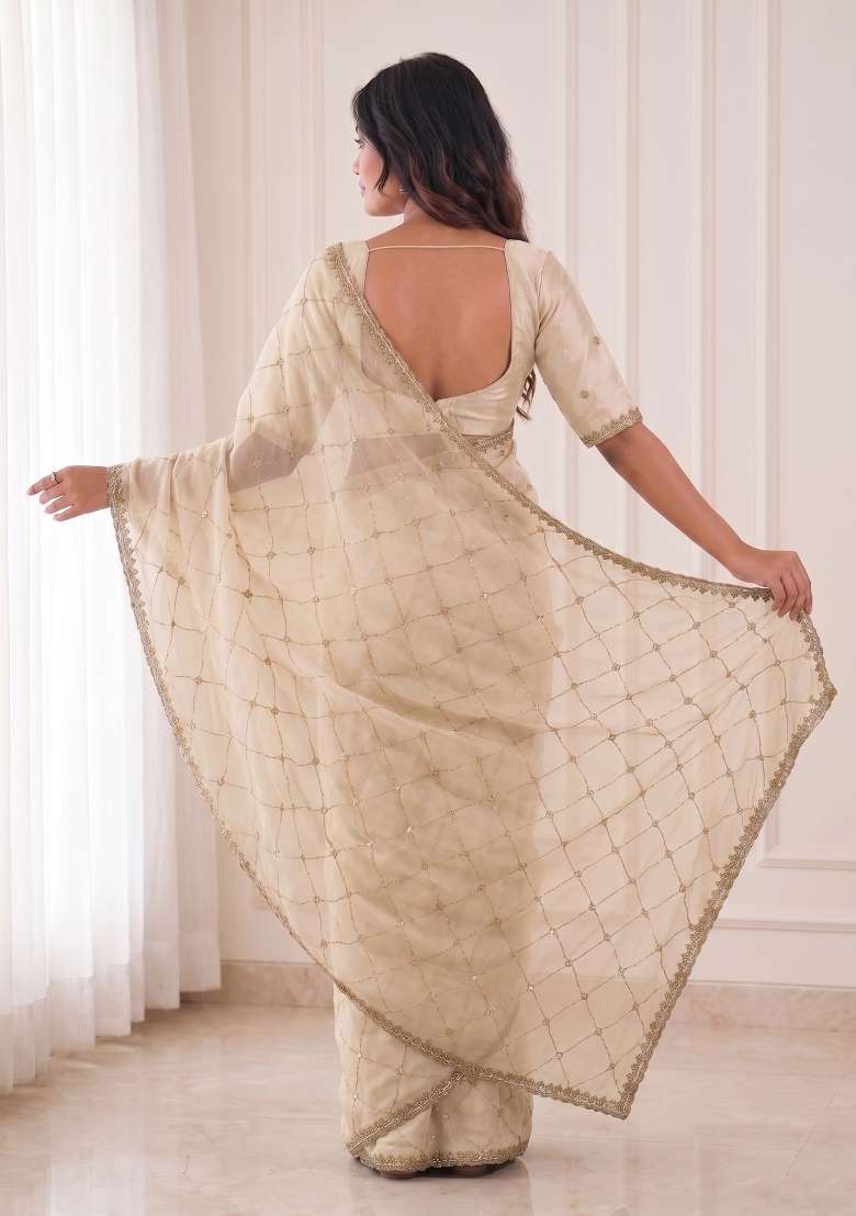 Off White Embroidered Satin Saree Set for Diwali and Festive Wear - Indya
