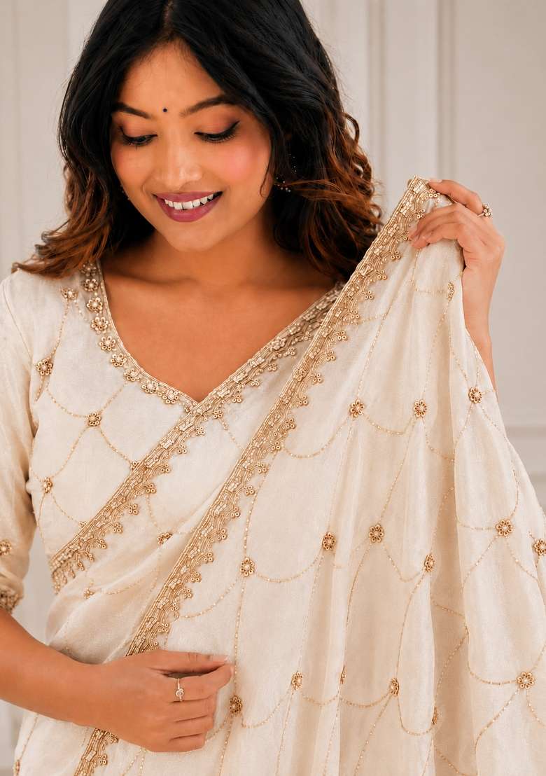 Off White Embroidered Satin Saree Set for Diwali and Festive Wear - Indya