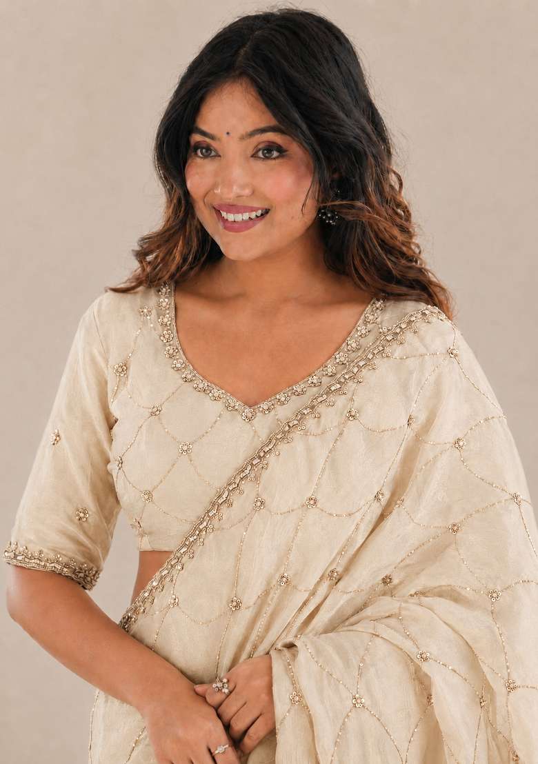 Off White Embroidered Satin Saree Set for Diwali and Festive Wear - Indya