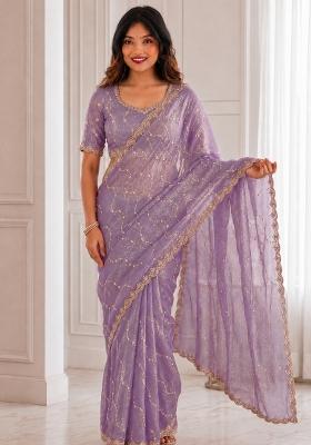 Purple Embroidered Satin Saree Set