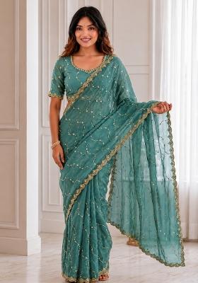 Sea Green Embroidered Satin Saree Set