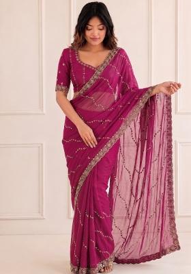 Rani Pink Embroidered Satin Saree Set
