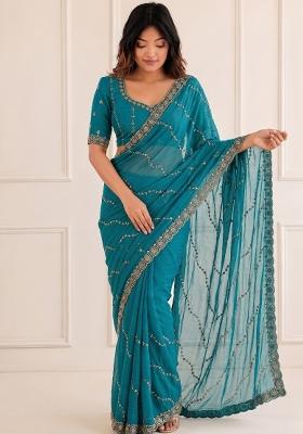 Teal Blue Embroidered Satin Saree Set