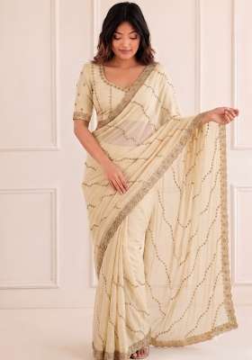 White Embroidered Satin Saree Set for Diwali and Festive Wear