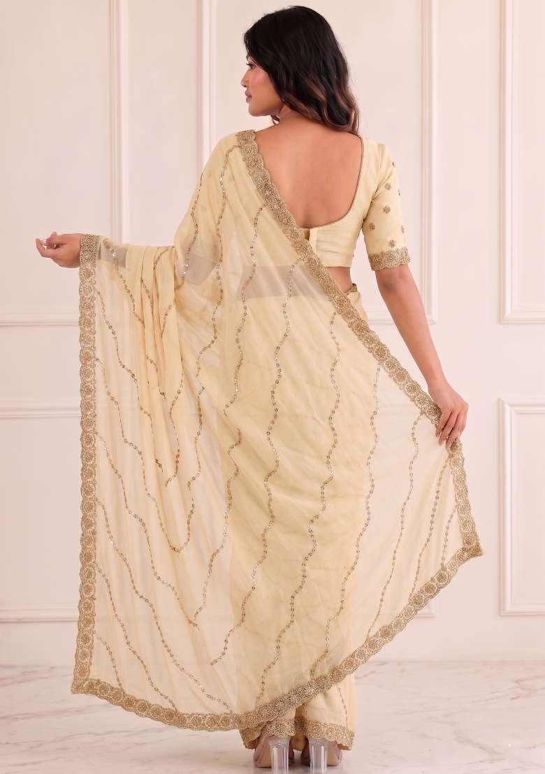 White Embroidered Satin Saree Set for Diwali and Festive Wear - Indya