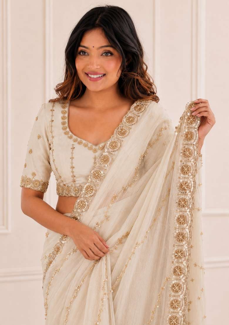 White Embroidered Satin Saree Set for Diwali and Festive Wear - Indya