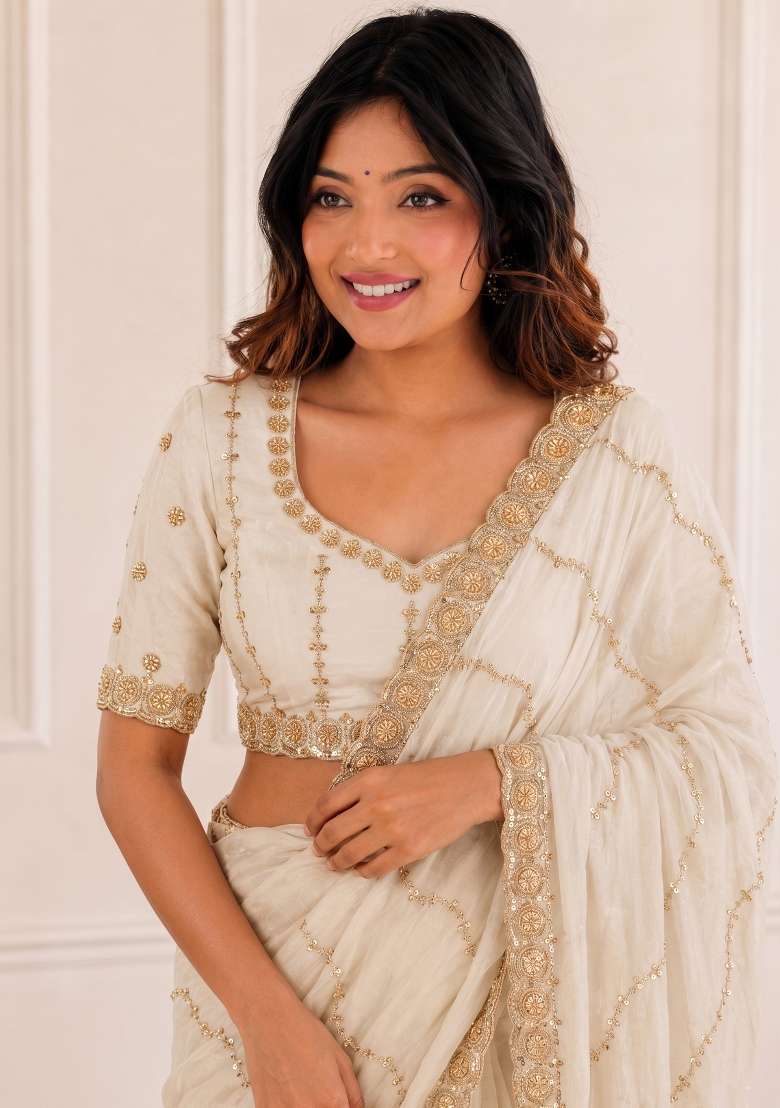 White Embroidered Satin Saree Set for Diwali and Festive Wear - Indya