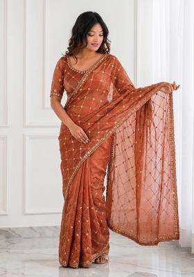 Rust Orange Embroidered Satin Saree Set