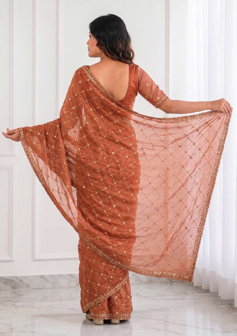 Rust Orange Satin Saree Set with Embroidered for Diwali | Wedding & Festive Wear - Indya