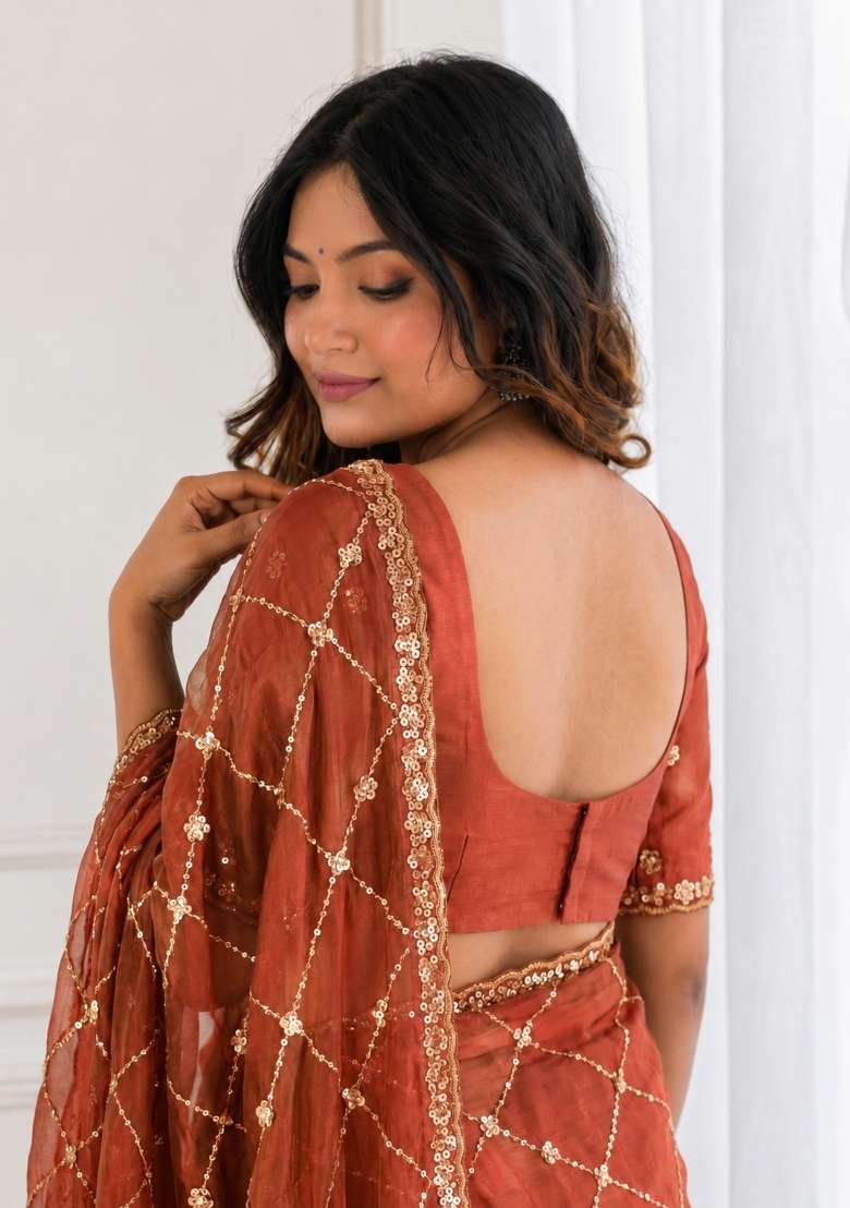 Rust Orange Satin Saree Set with Embroidered for Diwali | Wedding & Festive Wear - Indya
