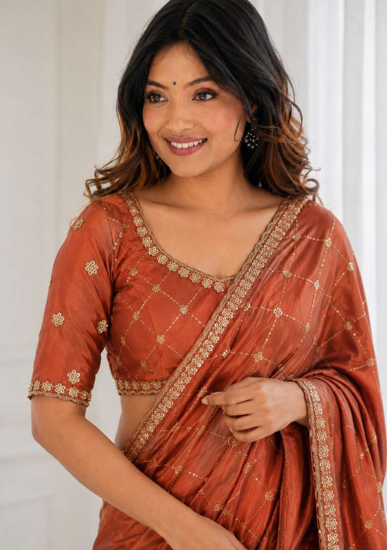 Rust Orange Satin Saree Set with Embroidered for Diwali | Wedding & Festive Wear - Indya