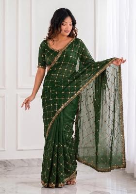 Bottle Green Embroidered Satin Saree Set