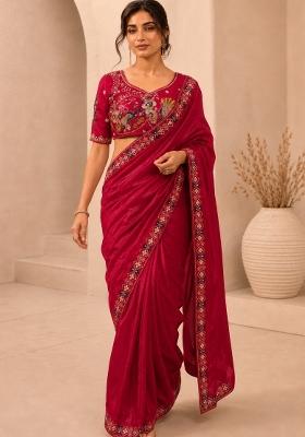 Rani Pink Embroidered Satin Saree Set