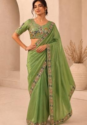Pista Green Embroidered Satin Saree Set