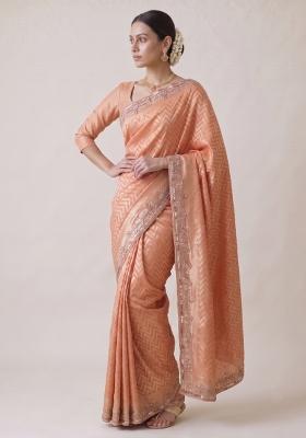 Peach Coral Embroidered Silk Saree Set