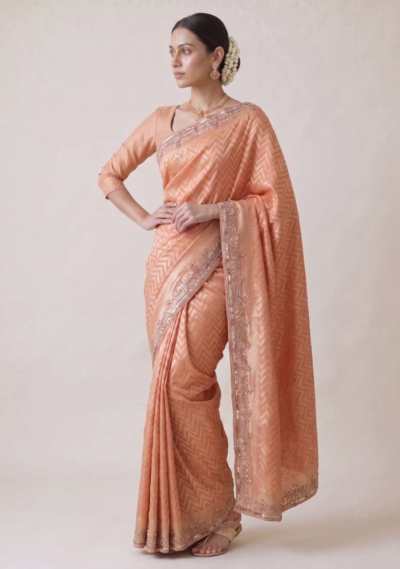 Peach Coral Embroidered Silk Saree Set - Indya