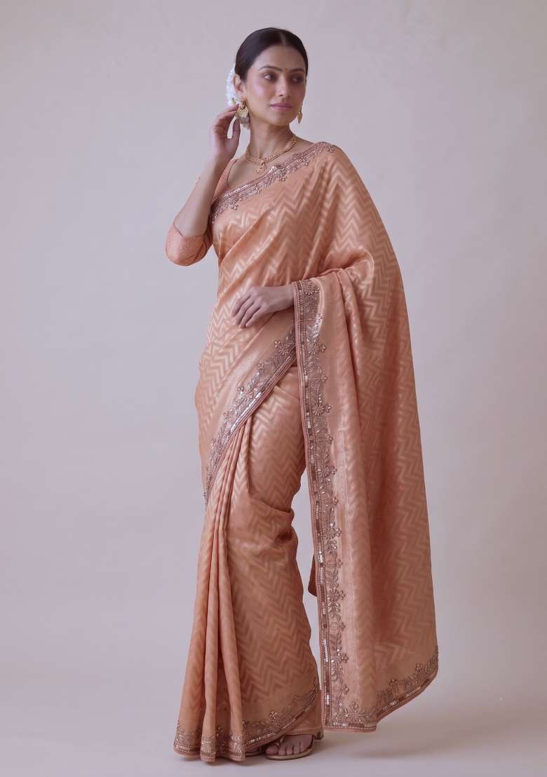 Peach Coral Embroidered Silk Saree Set - Indya
