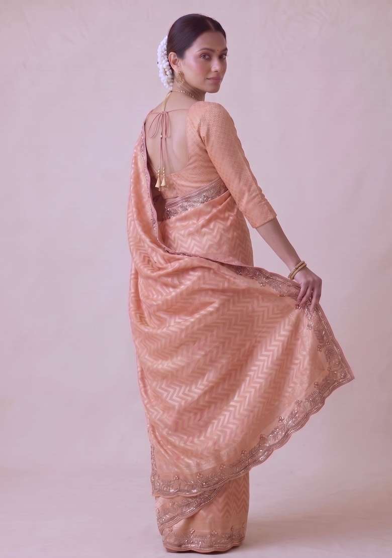 Peach Coral Embroidered Silk Saree Set - Indya