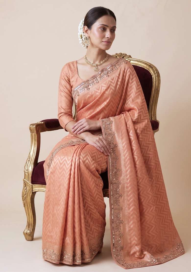 Peach Coral Embroidered Silk Saree Set - Indya