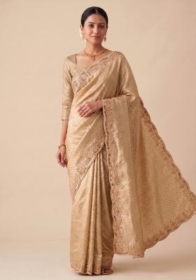 Beige And Gold Embroidered Silk Saree Set