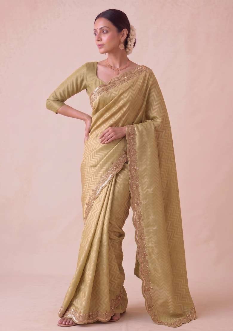 Moss Green Embroidered Silk Saree Set - Indya