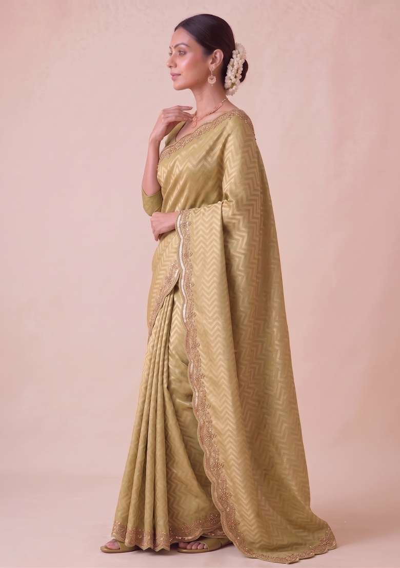 Moss Green Embroidered Silk Saree Set - Indya