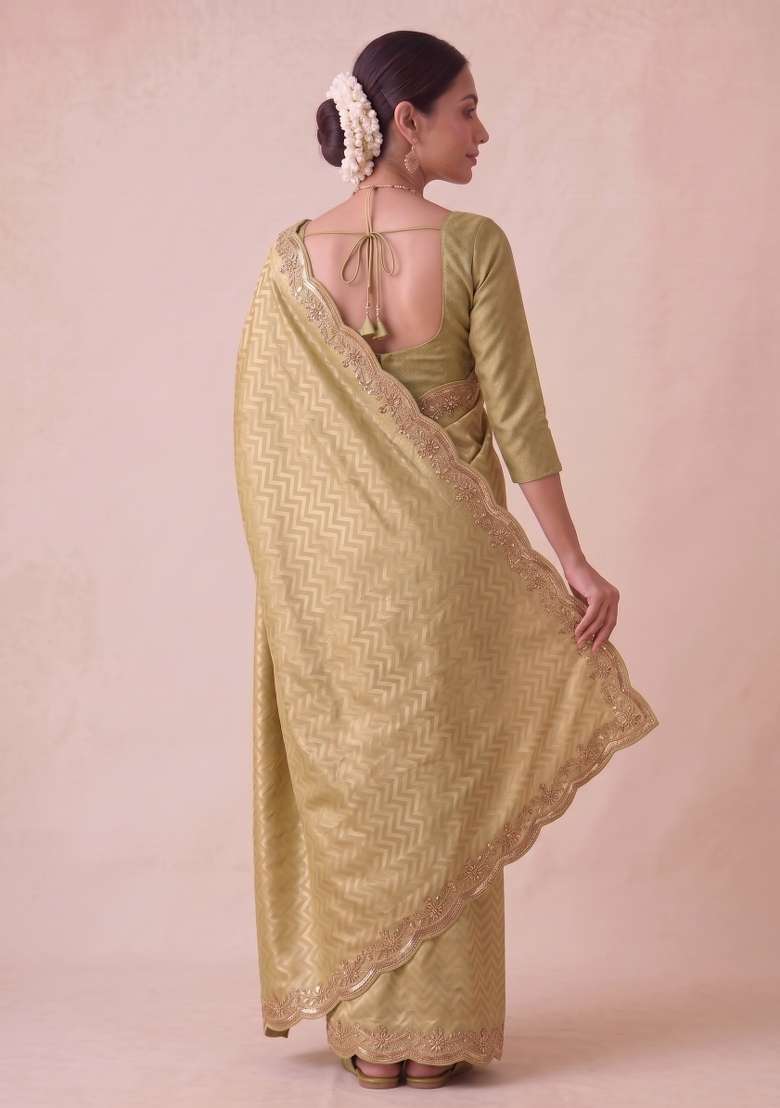Moss Green Embroidered Silk Saree Set - Indya