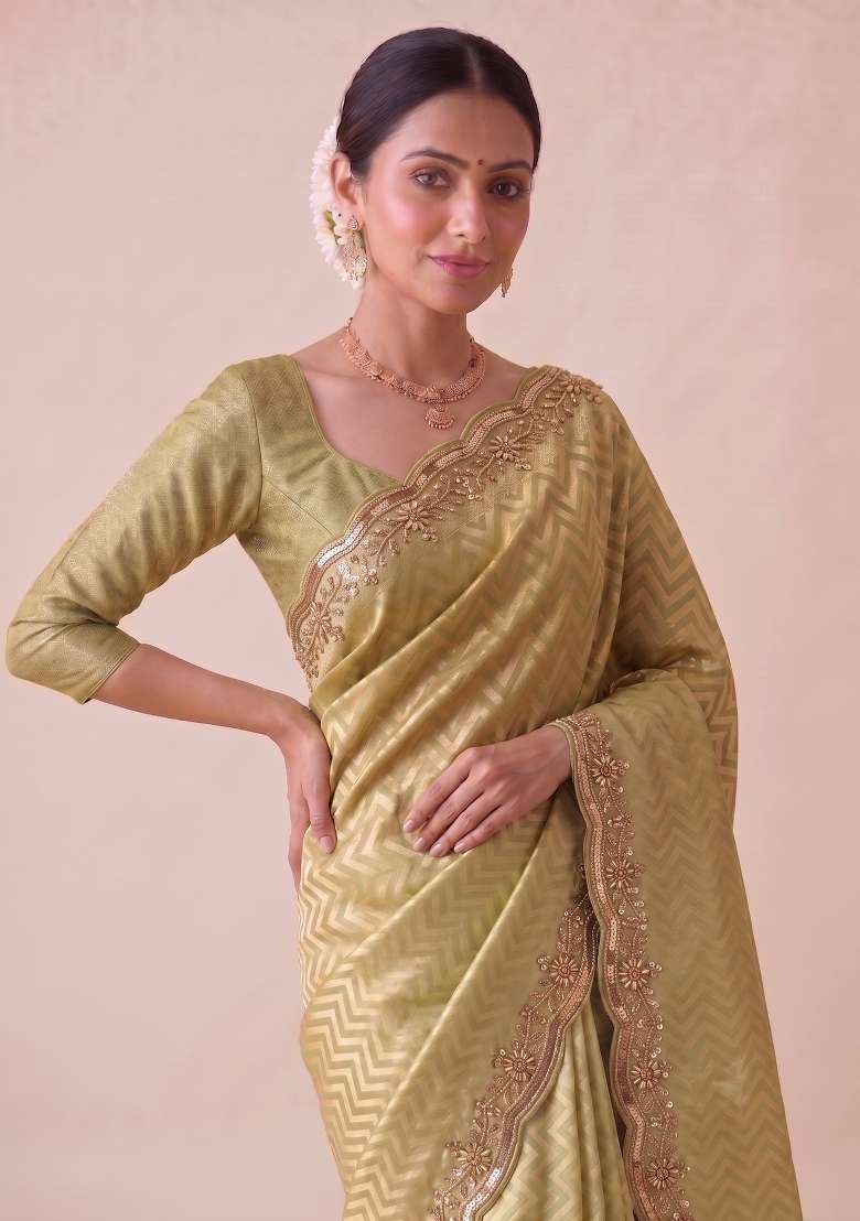 Moss Green Embroidered Silk Saree Set - Indya
