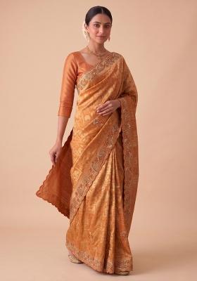 Rust Orange Embroidered Silk Saree Set
