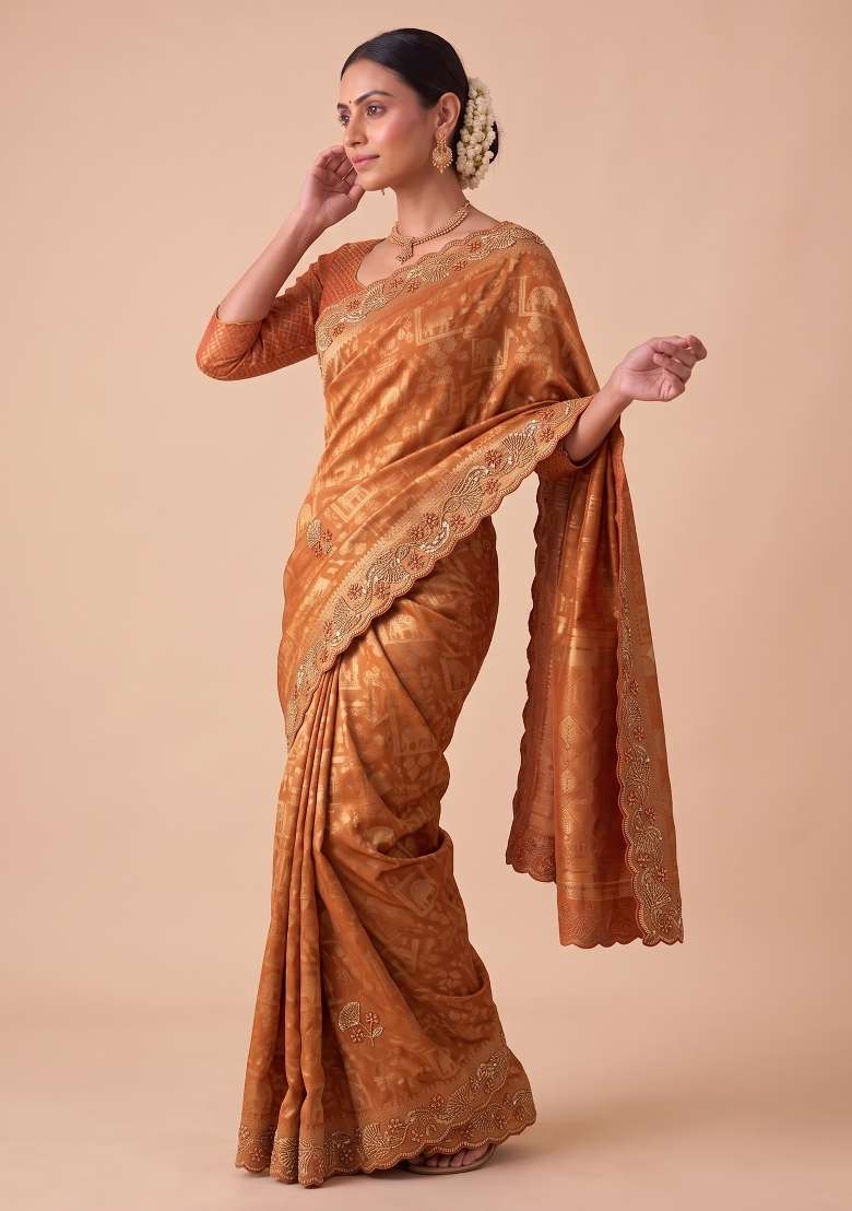 Rust Orange Embroidered Silk Saree Set - Indya