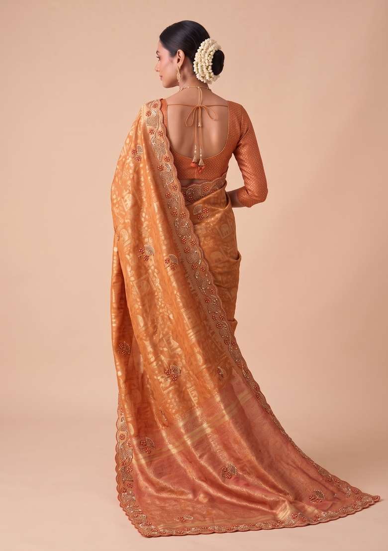 Rust Orange Embroidered Silk Saree Set - Indya