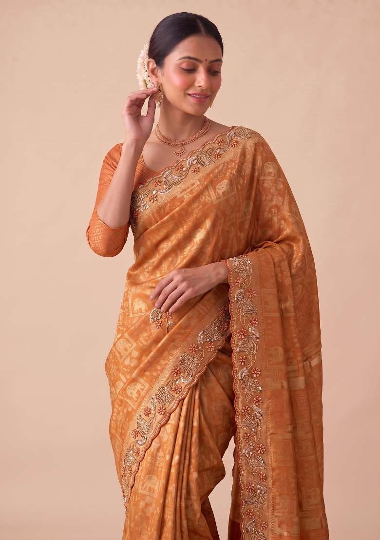 Rust Orange Embroidered Silk Saree Set - Indya
