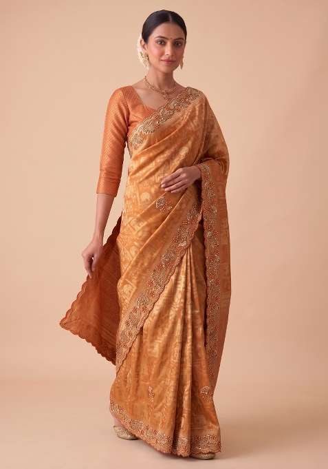 Rust Orange Embroidered Silk Saree Set