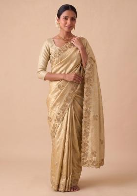 Beige Embroidered Silk Saree Set
