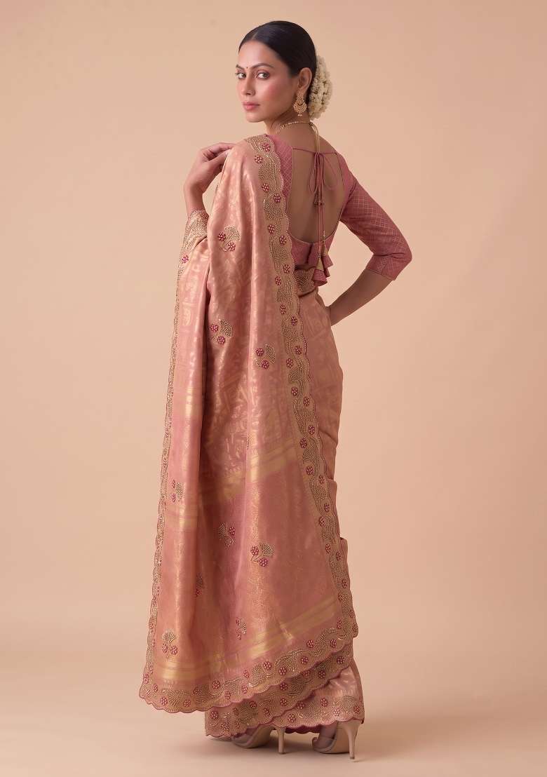 Olive Green Embroidered Silk Saree Set - Indya