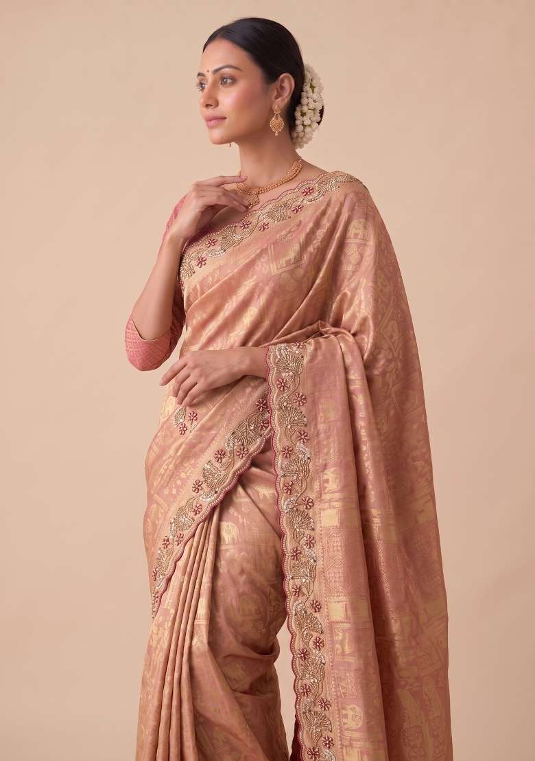 Olive Green Embroidered Silk Saree Set - Indya