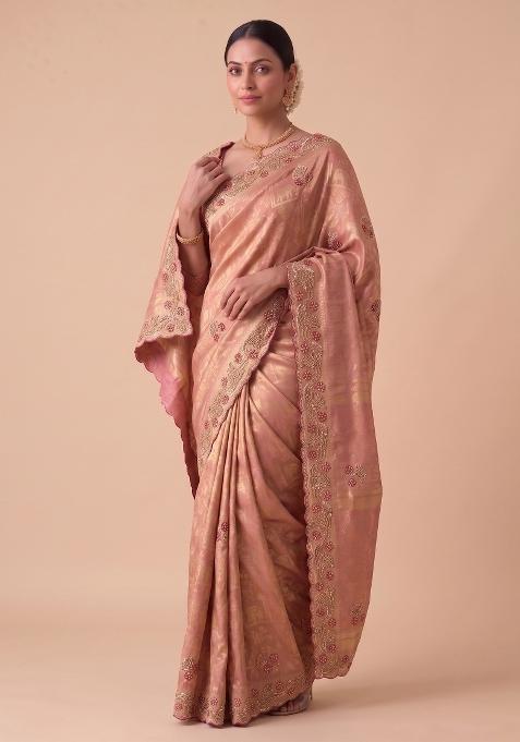 Olive Green Embroidered Silk Saree Set