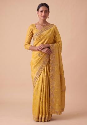 Mustard Yellow Embroidered Silk Saree Set