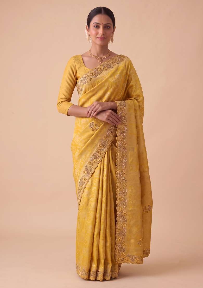 Mustard Yellow Embroidered Silk Saree Set - Indya
