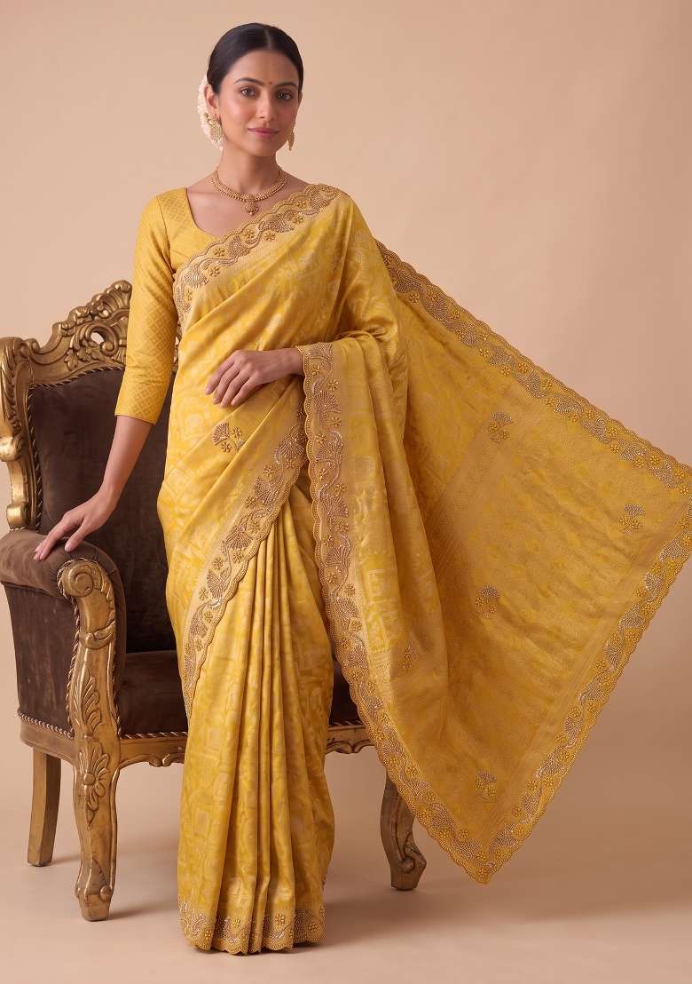 Mustard Yellow Embroidered Silk Saree Set - Indya