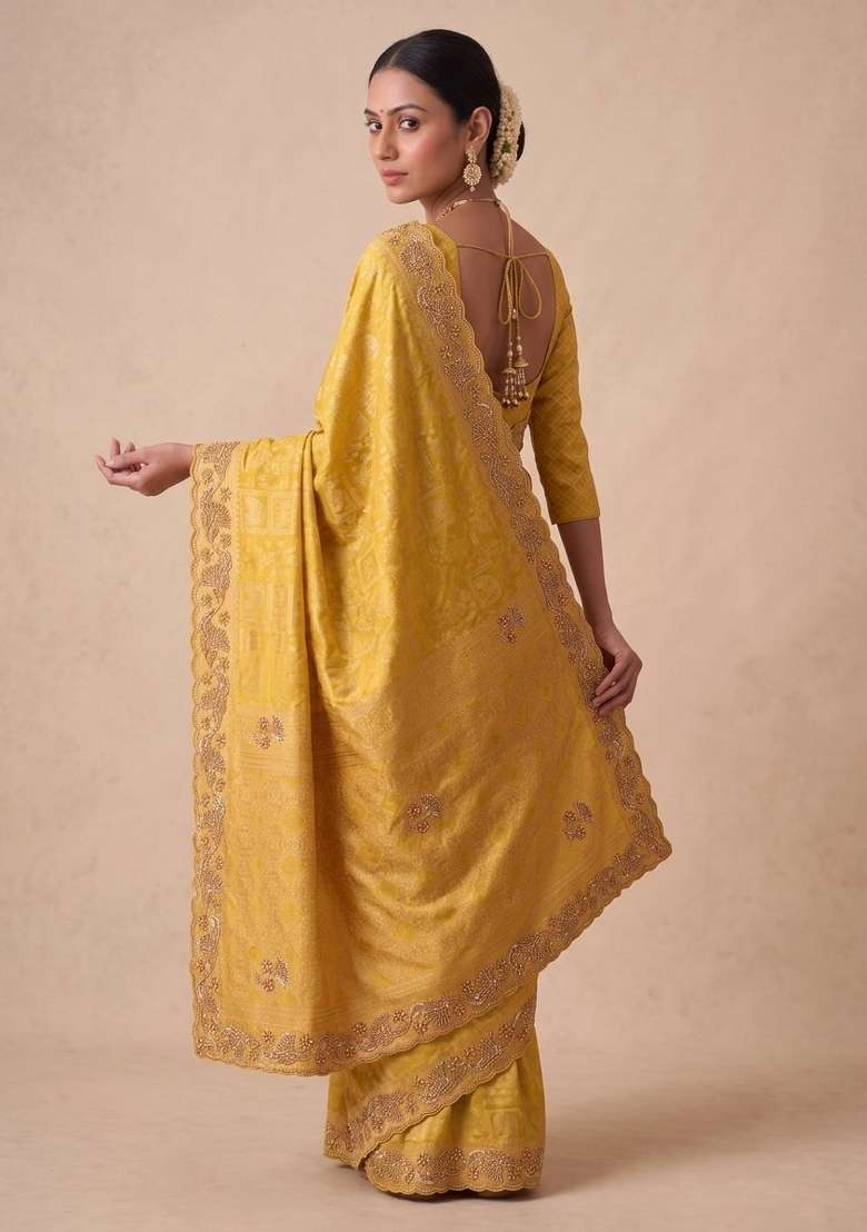 Mustard Yellow Embroidered Silk Saree Set - Indya